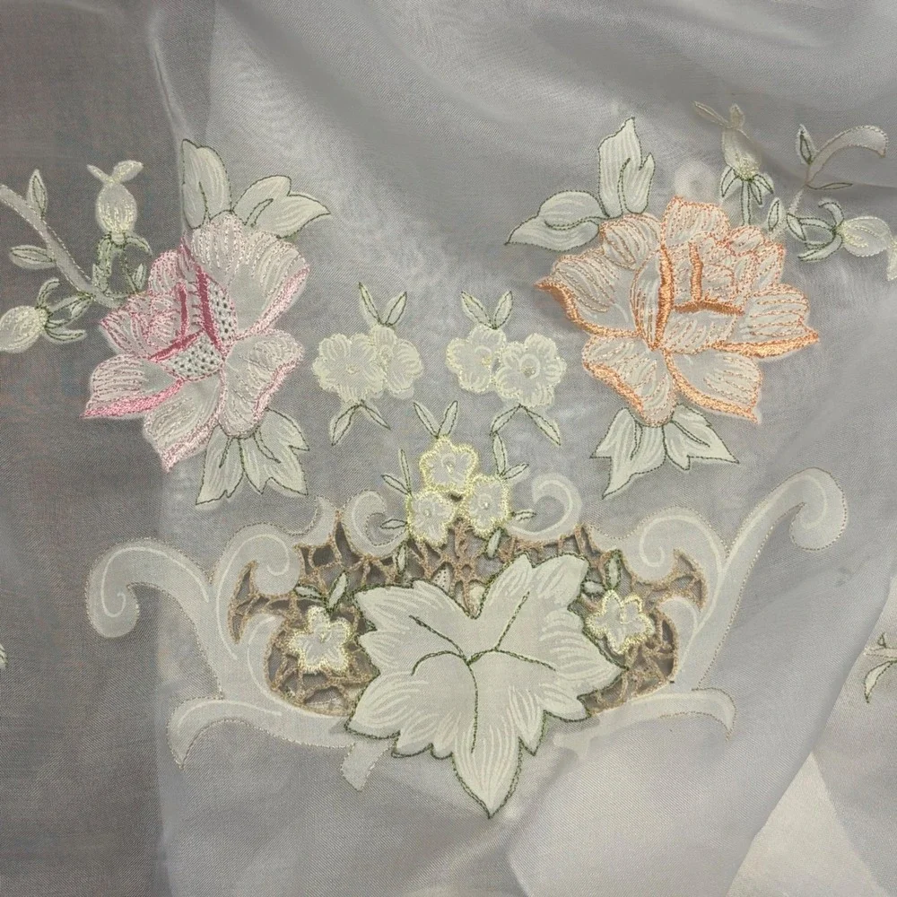 Vintage White Floral Embroidered Scalloped Sheer Tier and Valance Curtain Set